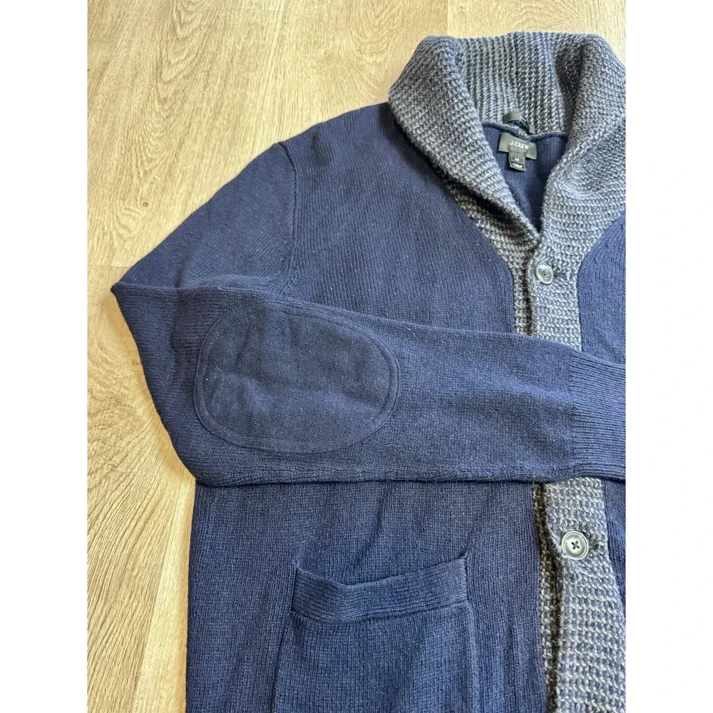 J. Crew Mens Shawl Collar‎ Cardigan Sweater Elbow Patch Knit Blue Medium
